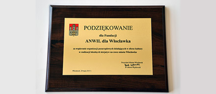 Podziękowanie  dla Fundacji ANWIL dla Włocławka za wspieranie organizacji pozarządowych działających w sferze kultury.